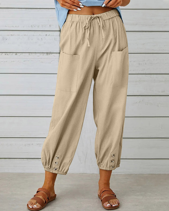Front view of comfortable high waisted pants for women