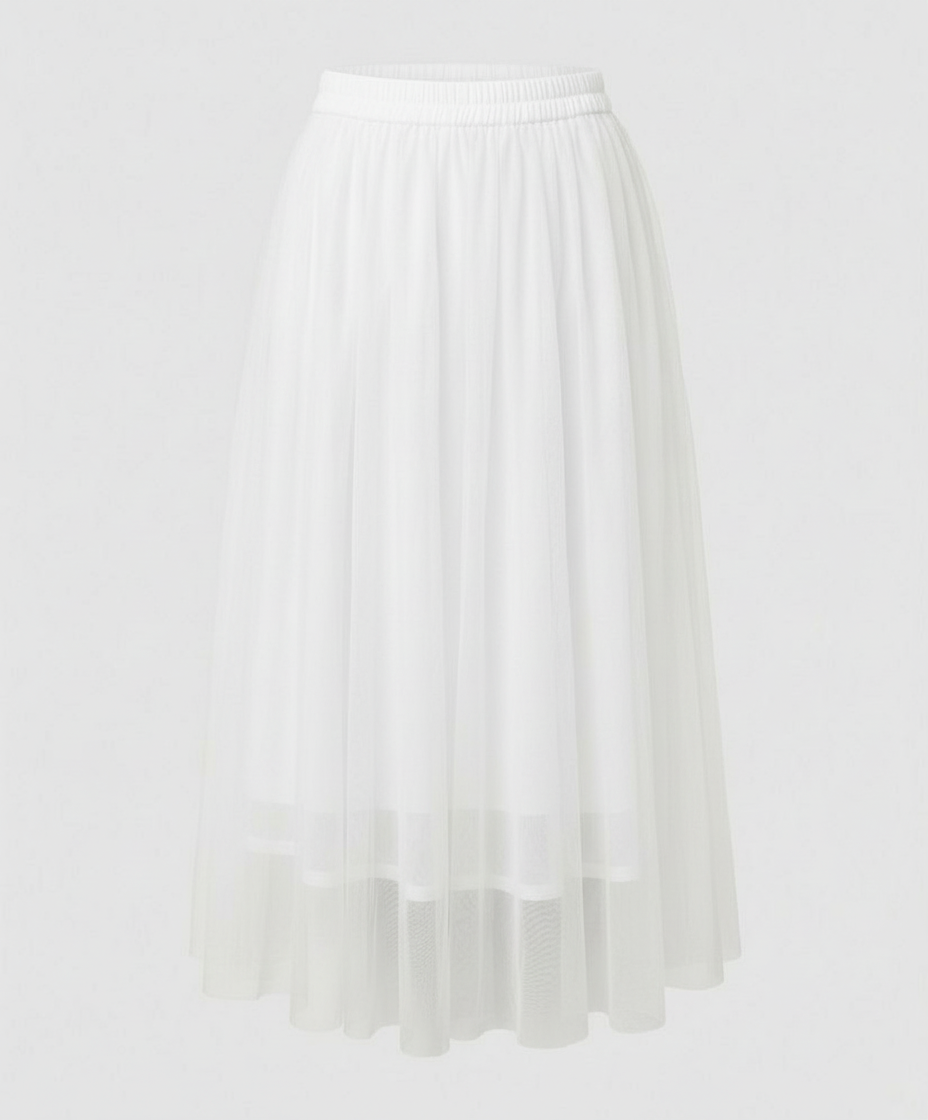 Stylish layered tulle midi skirt for women, high-waisted design offering a versatile elegant look.