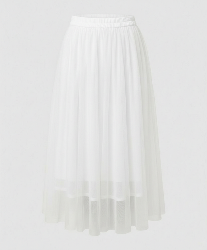 Stylish layered tulle midi skirt for women, high-waisted design offering a versatile elegant look.