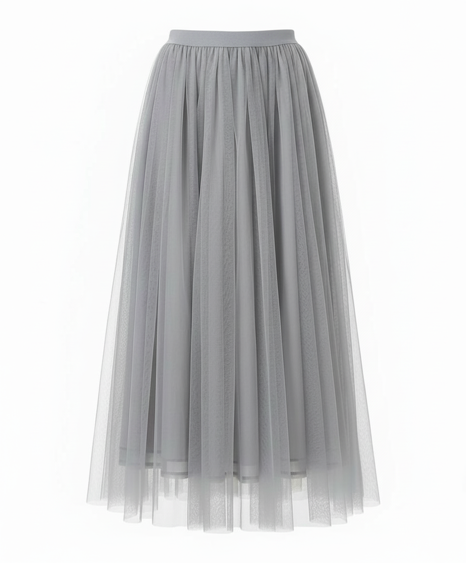 Elegant women's high-waisted midi skirt in layered tulle, perfect for spring/summer occasions.