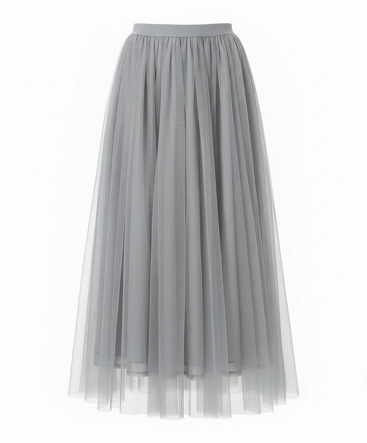 Elegant women's high-waisted midi skirt in layered tulle, perfect for spring/summer occasions.