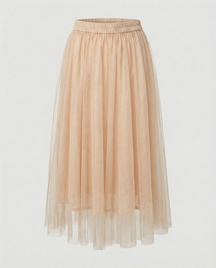 Trendy women's high-waisted midi skirt featuring delicate layered tulle for a flowing silhouette.