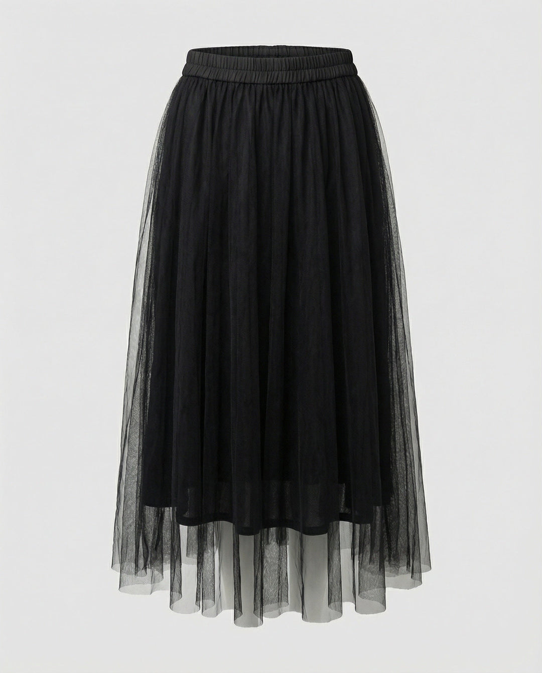 Versatile women's layered tulle midi skirt, high-waisted for elegant spring/summer occasion wear.