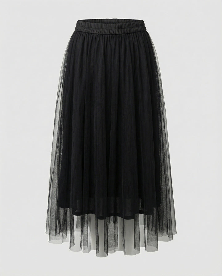 Versatile women's layered tulle midi skirt, high-waisted for elegant spring/summer occasion wear.