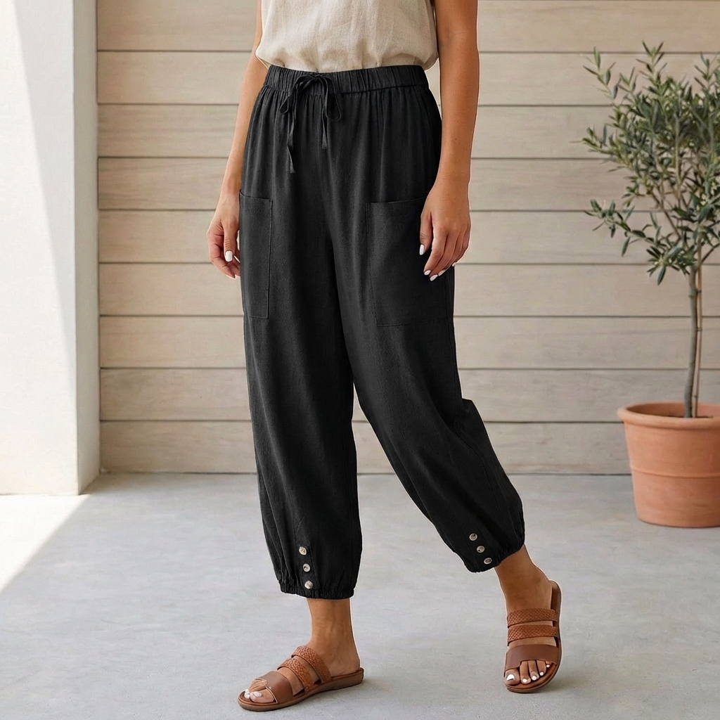 Trendy dark gray high-waisted cropped pants with a relaxed fit and chic gathered ankle detail.