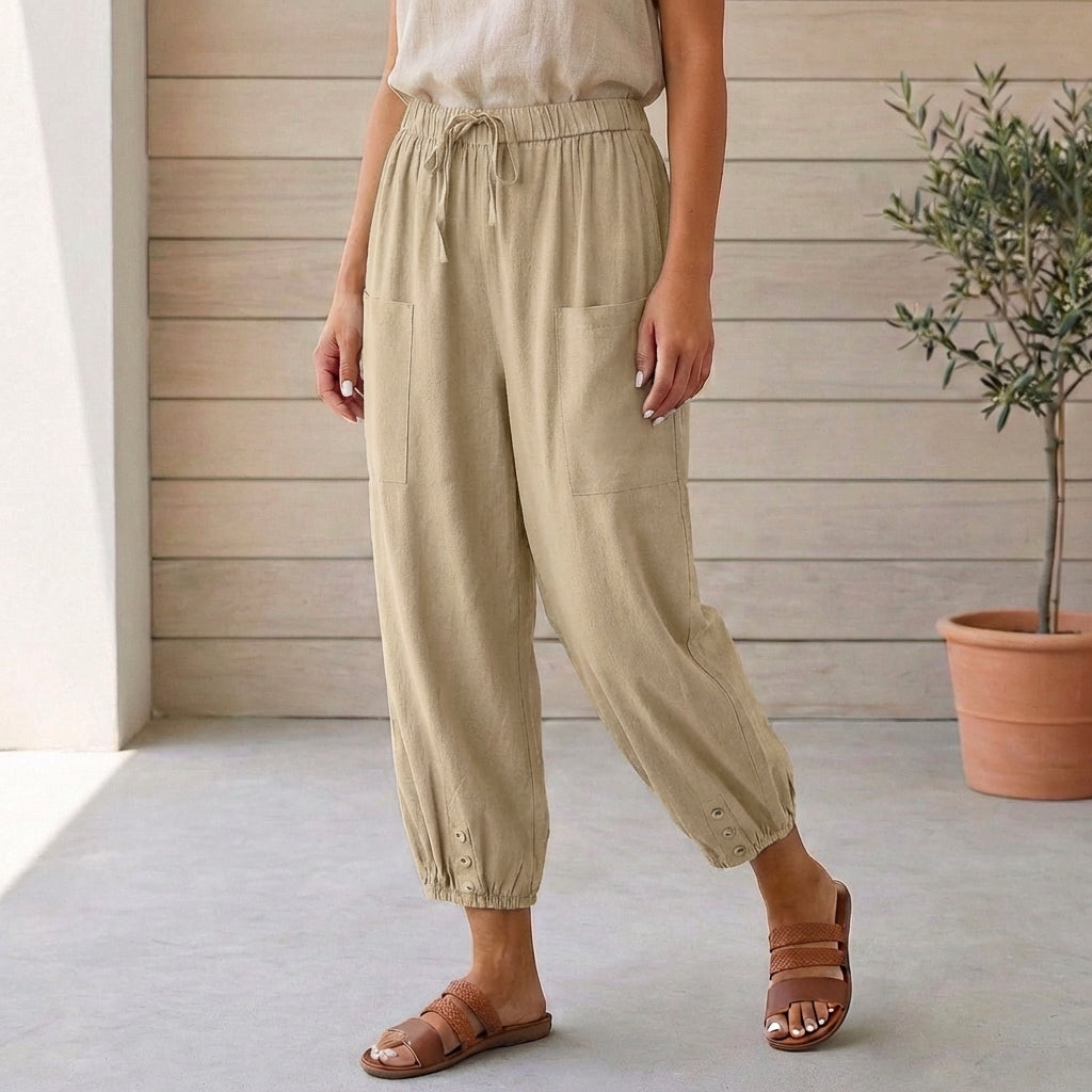 Women's summer fashion: relaxed fit black cropped pants with a comfortable gathered ankle.