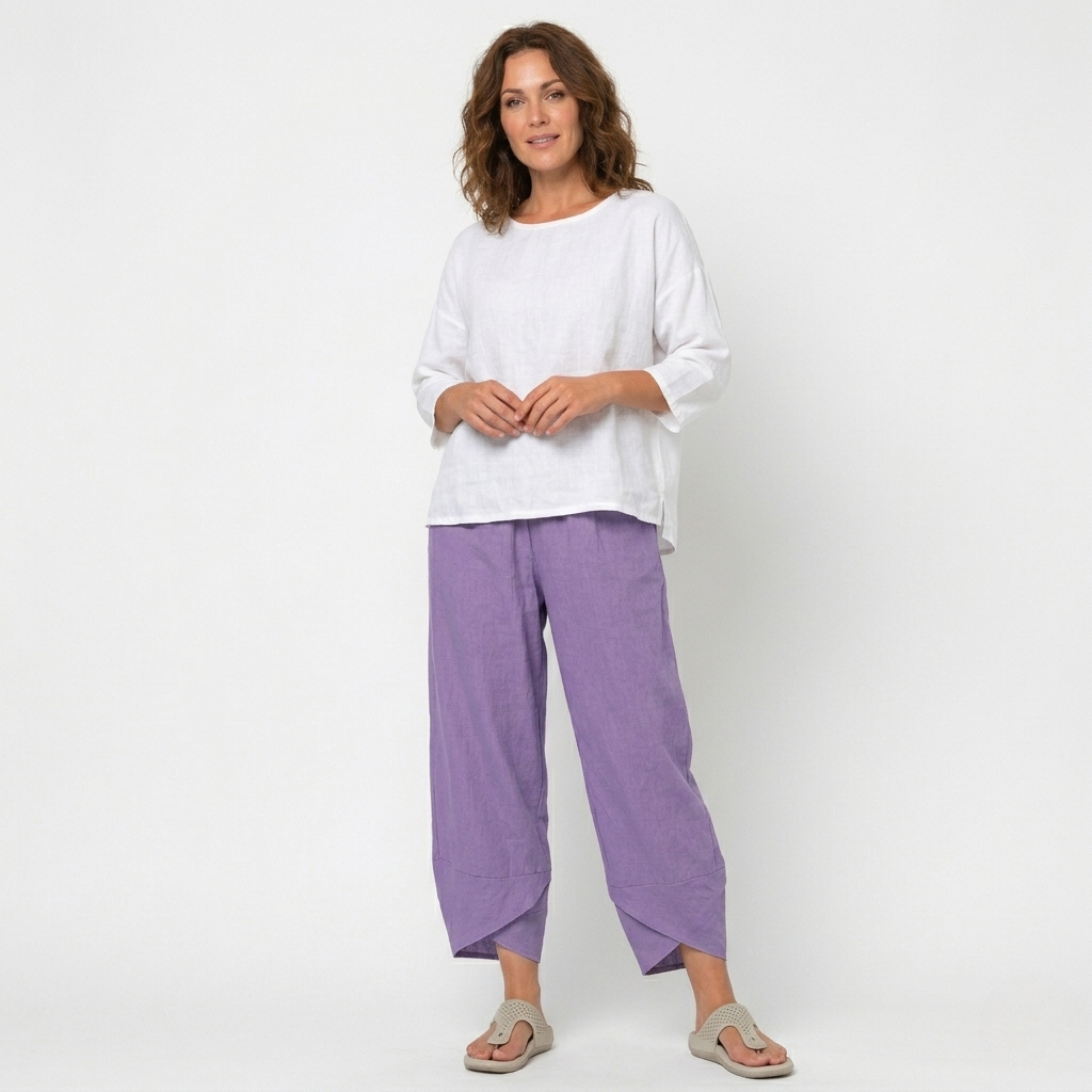 Full length view of women's high-waisted tulip hem summer trousers, perfect for elegant comfort.