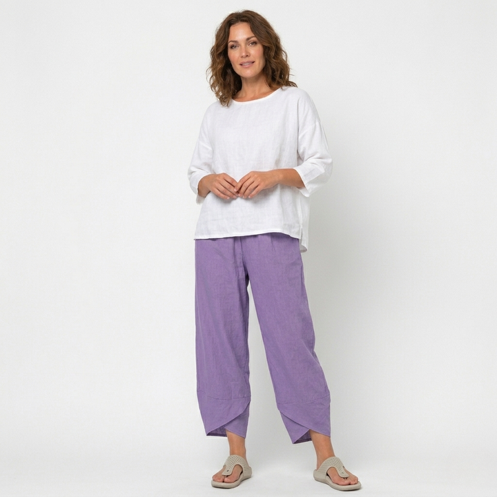 Full length view of women's high-waisted tulip hem summer trousers, perfect for elegant comfort.