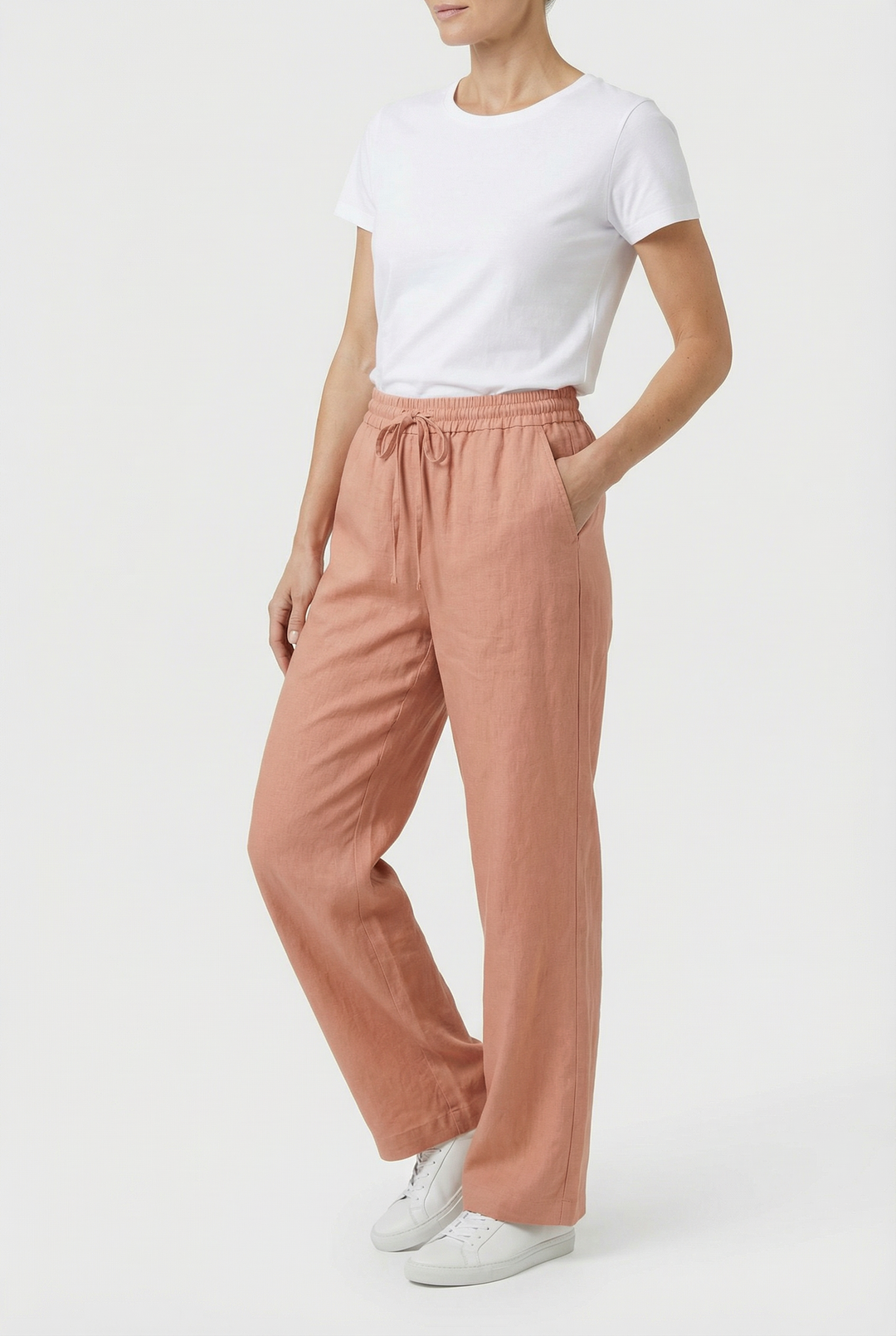 Women's high-waisted wide-leg casual pants in beige linen, perfect for summer.