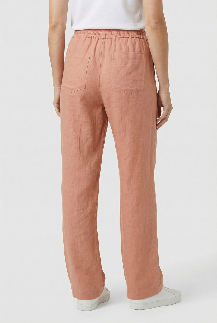 Close-up of women's casual pants showcasing the breathable linen fabric and wide leg.