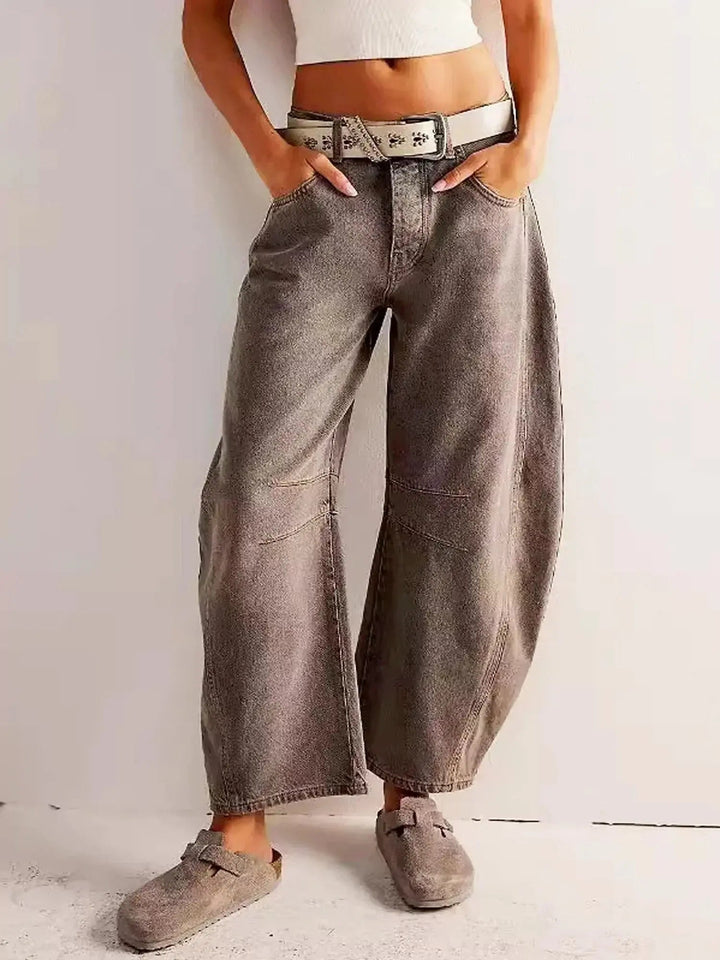 High-waisted wide-leg animal print jeans for women, offering a comfortable yet fashionable casual style.