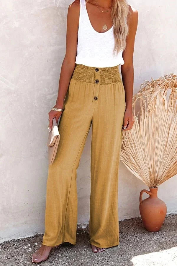 Stylish women's trousers with a smocked button front and fashionable high-waisted wide-leg silhouette.