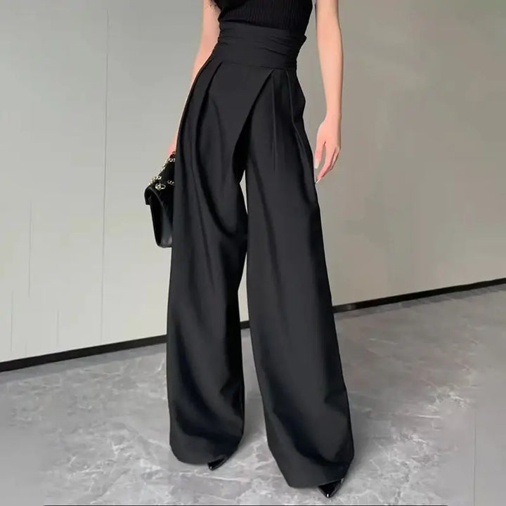 Women's high-waisted wide-leg trousers with unique crossed waist, perfect for elegant office wear.