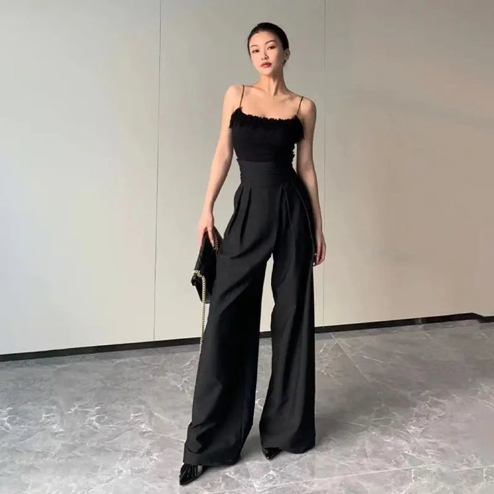 Stylish contemporary women's wide-leg pants, high-waisted with a flattering crossed design for all seasons.