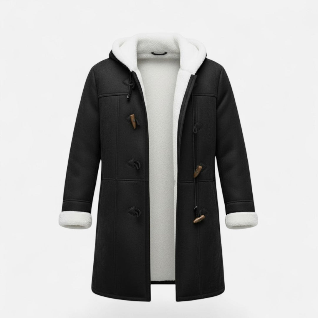 Women's hooded button-front winter coat in classic black, ideal for fall fashion.