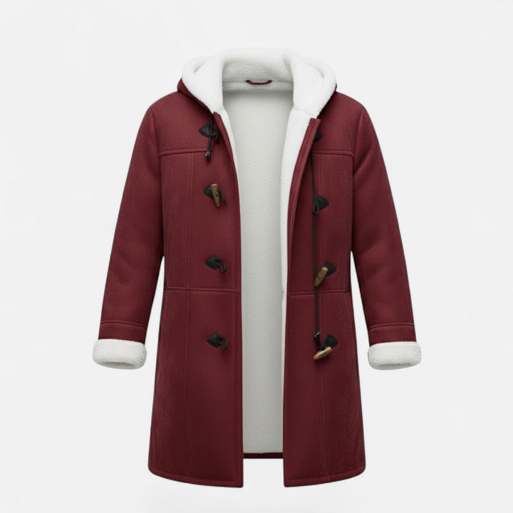 A women's warm winter coat with a detachable hood and secure button closure.