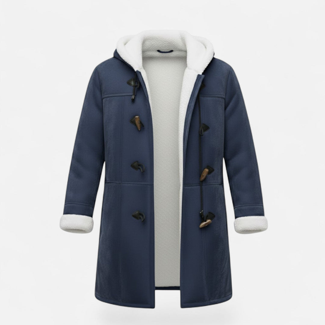 Front view of a women's dark-colored hooded coat with large front pockets.