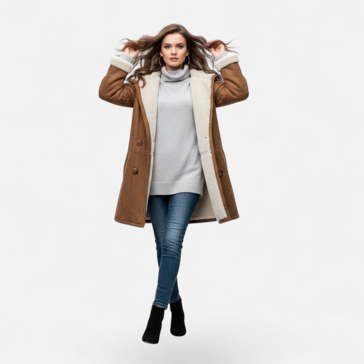 A sophisticated women's hooded coat, perfect for layering in winter fashion.
