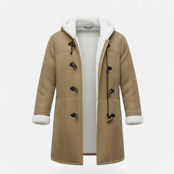 This women's button-front coat offers warmth and style with its hood.