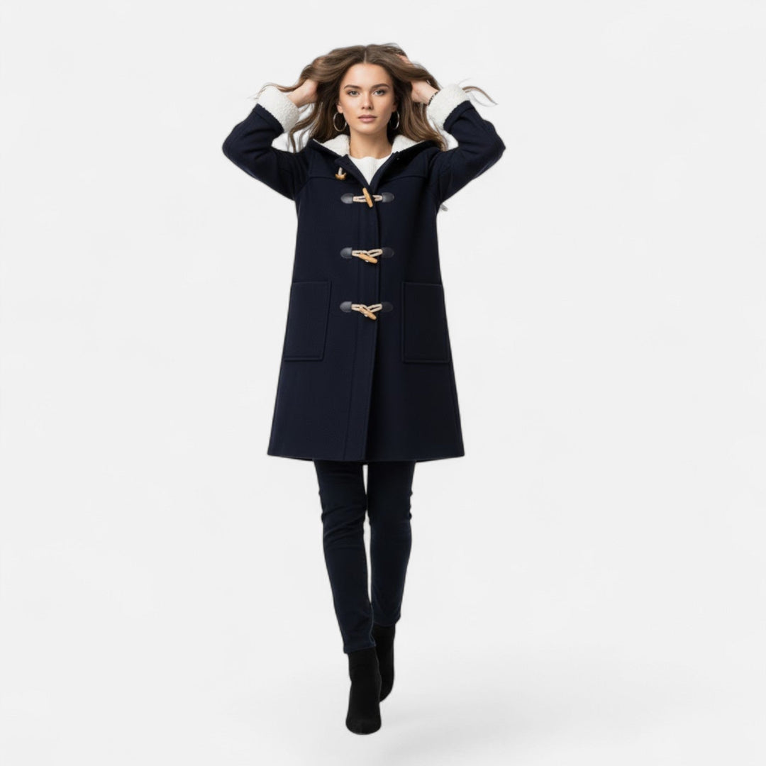 Cozy women's winter coat featuring a stylish hood and convenient button-front closure.
