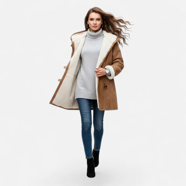 Elegant women's winter outerwear: a hooded coat designed for the modern woman.
