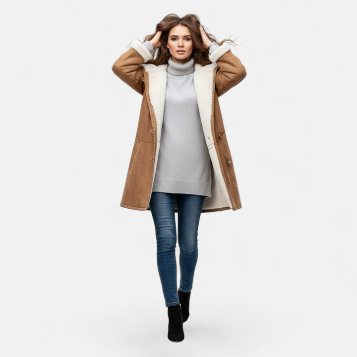 Shop the latest women's fashion: a practical and chic hooded button-front coat.
