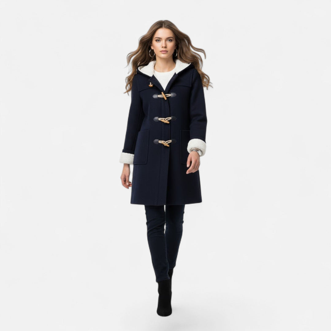 Elegant women's hooded coat with functional pockets, perfect for winter fashion.