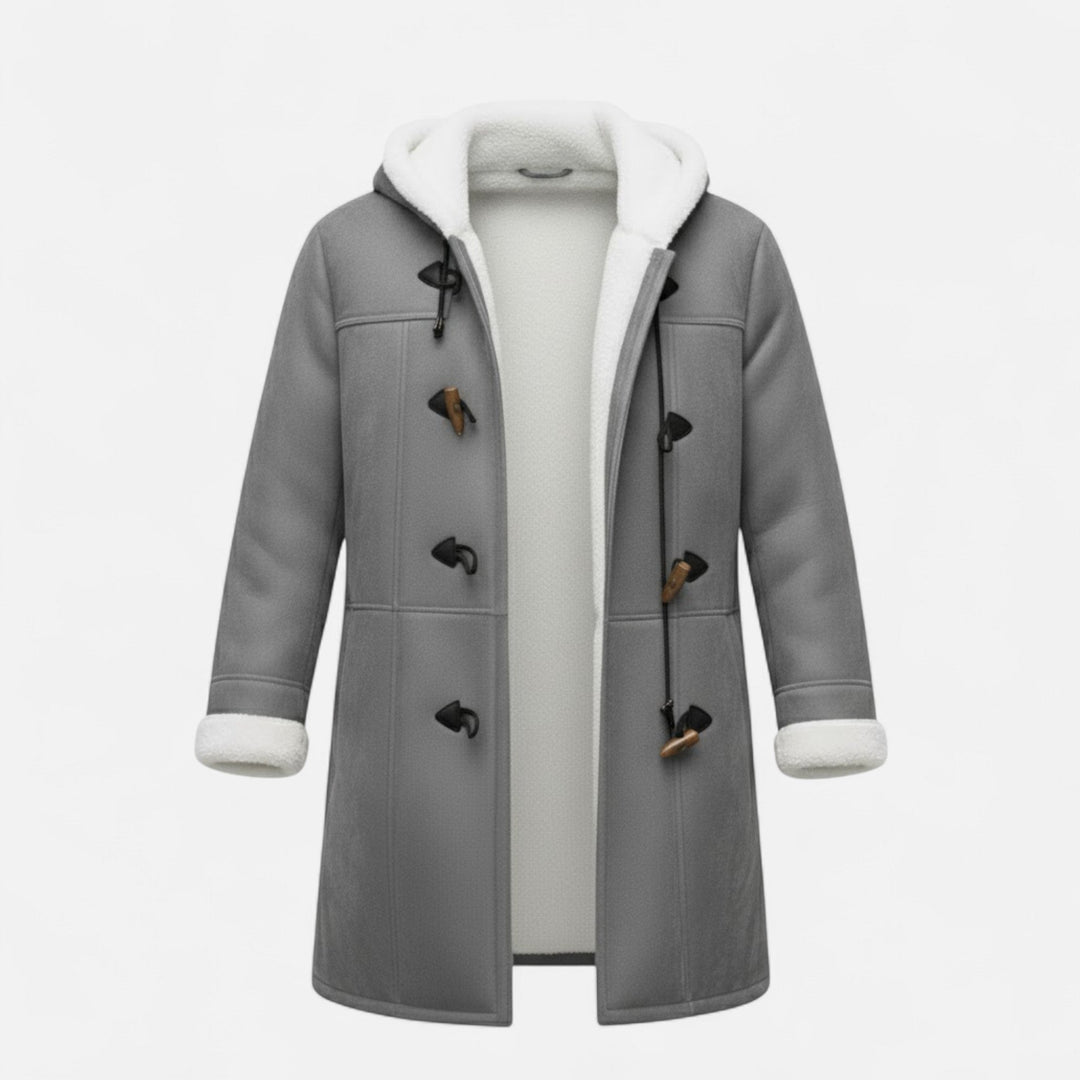 Fashionable women's outerwear: a warm, hooded button-front coat for chilly days.