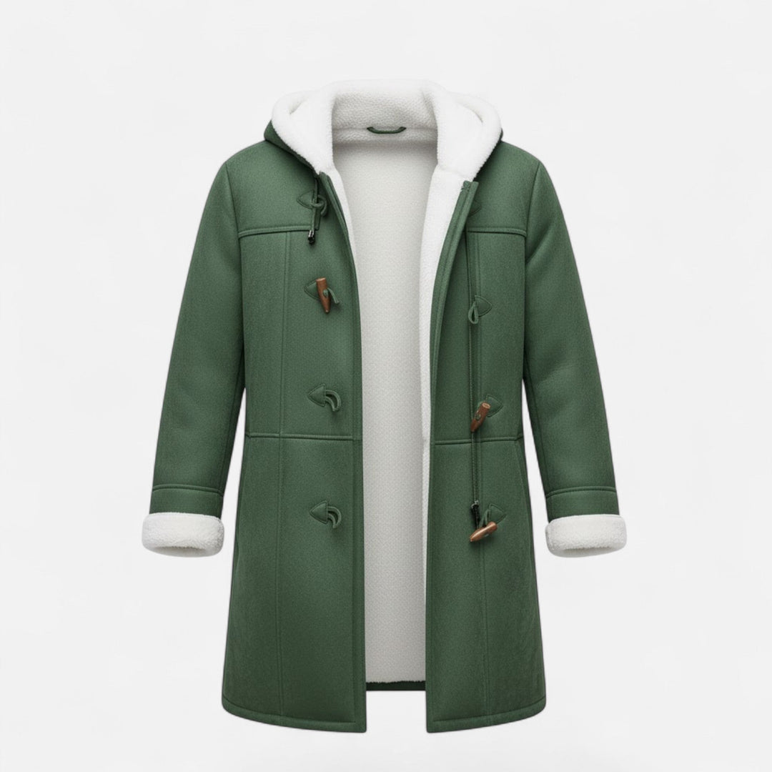 Model wearing a stylish women's hooded coat with pockets, styled for fall.