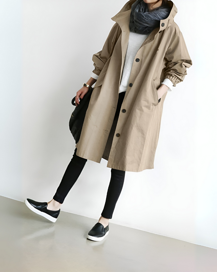 Close-up on the hood and collar of a women's classic trench coat