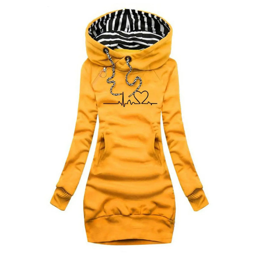 Women's hooded long sleeve dress with heartbeat graphic print. Cozy & stylish casual winter fashion.