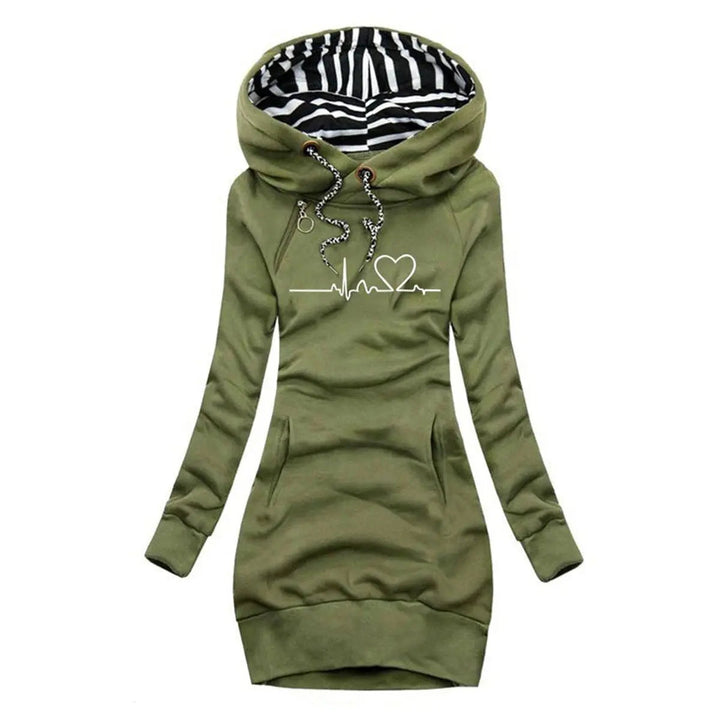 Cozy women's hooded long sleeve heartbeat print dress. Perfect for casual comfort & winter style.