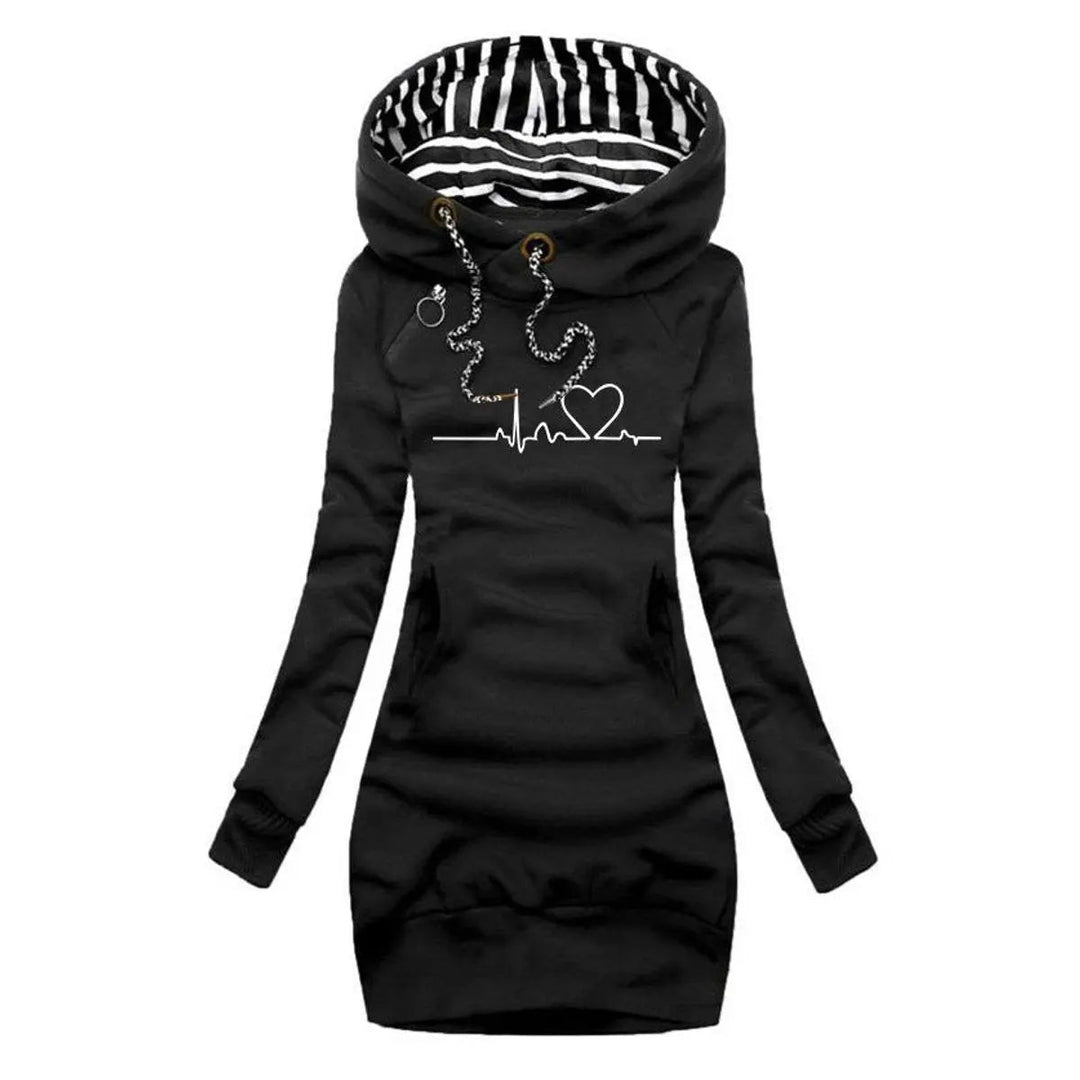 Stylish women's heartbeat graphic print hooded mini dress. Long sleeve for cozy casual winter wear.