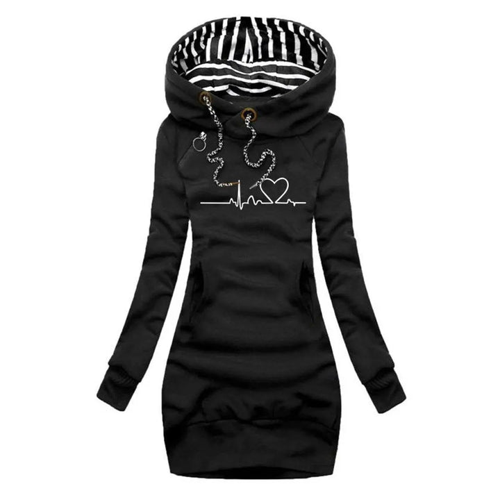 Stylish women's heartbeat graphic print hooded mini dress. Long sleeve for cozy casual winter wear.