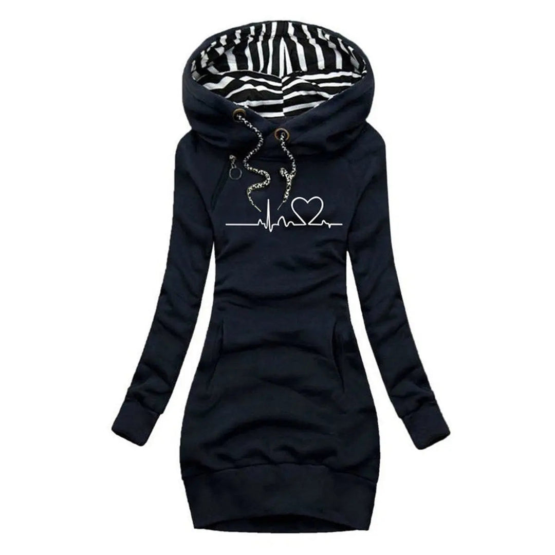 Trendy women's hooded long sleeve dress with unique heartbeat print. Ideal casual jumper dress.