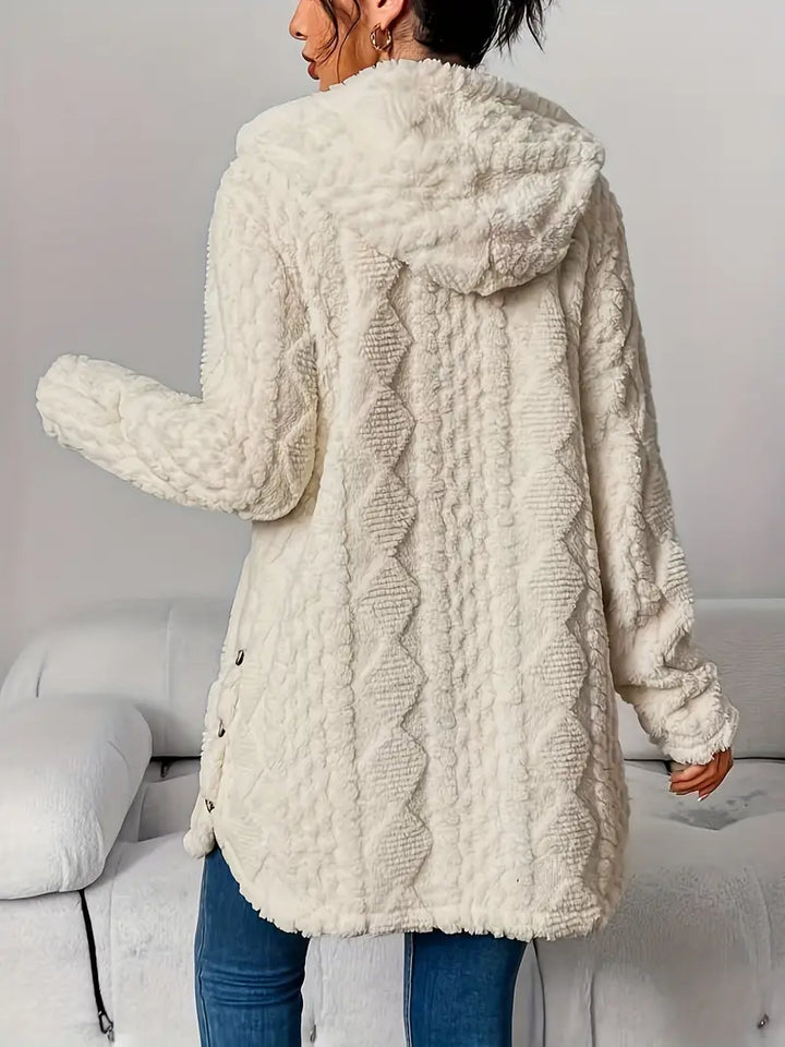 Everyday women's longline hooded cardigan. Comfortable casual style, button front, soft textured knit layer.