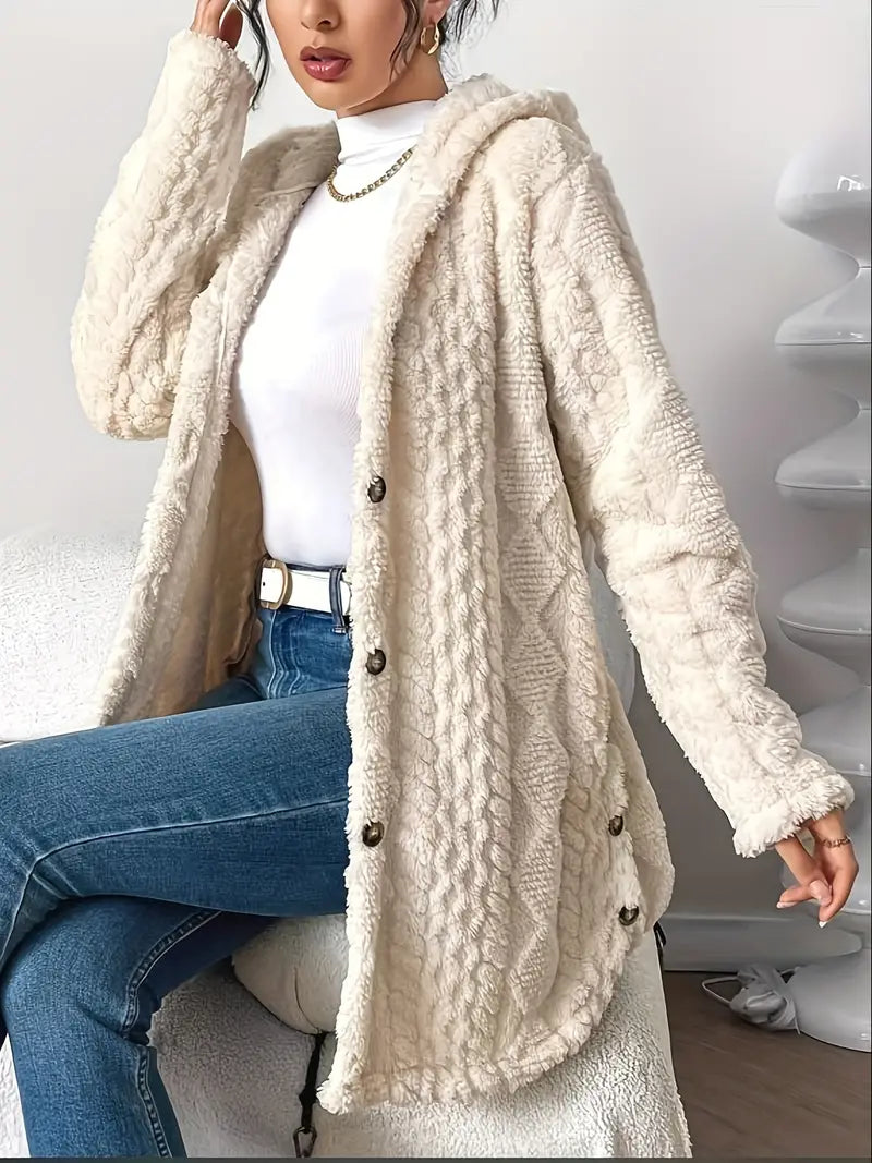 Relaxed fit women's hooded longline cardigan. Casual button-front sweater, a warm & stylish fall fashion staple.