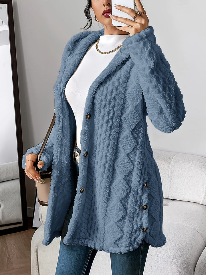 Stylish women's hooded longline cardigan for fall fashion. Casual button-front sweater, warm winter layer.