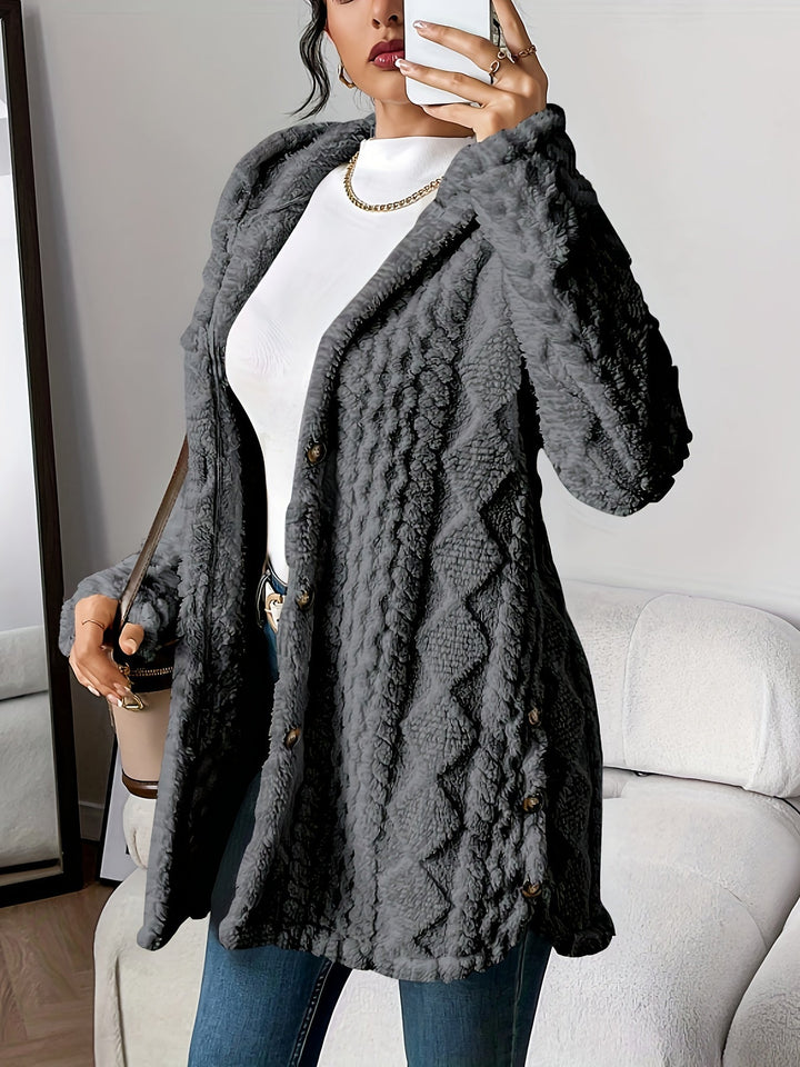 Women's button-front hooded longline cardigan. Textured knit, casual style, excellent for fall & winter layering.