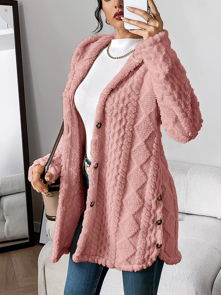 Chic women's hooded longline cardigan. Casual oversized fit, textured knit sweater, perfect fall fashion piece.