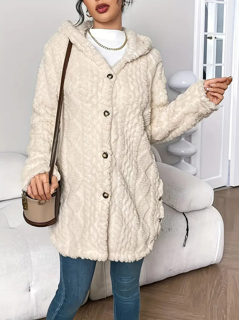 Women's hooded longline cardigan, a must-have casual sweater. Button front, textured knit, great for winter.