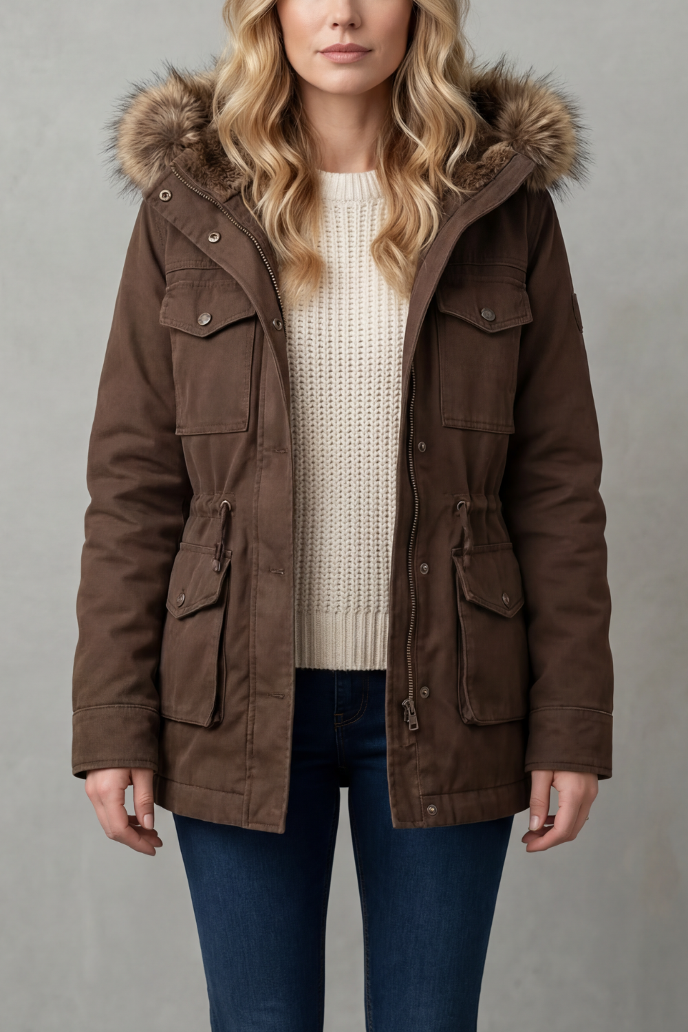 Women's hooded parka coat with luxurious faux fur trim, perfect for winter. Elegant & warm outerwear.