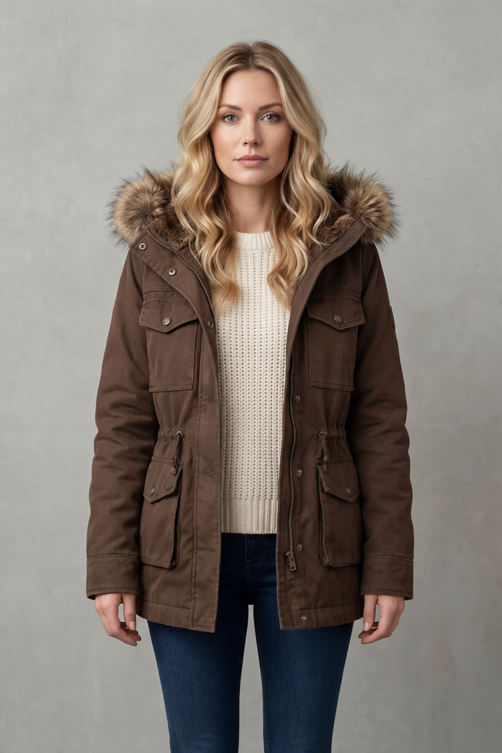Cozy women's winter parka jacket featuring a stylish faux fur hood & warm lining for cold weather.