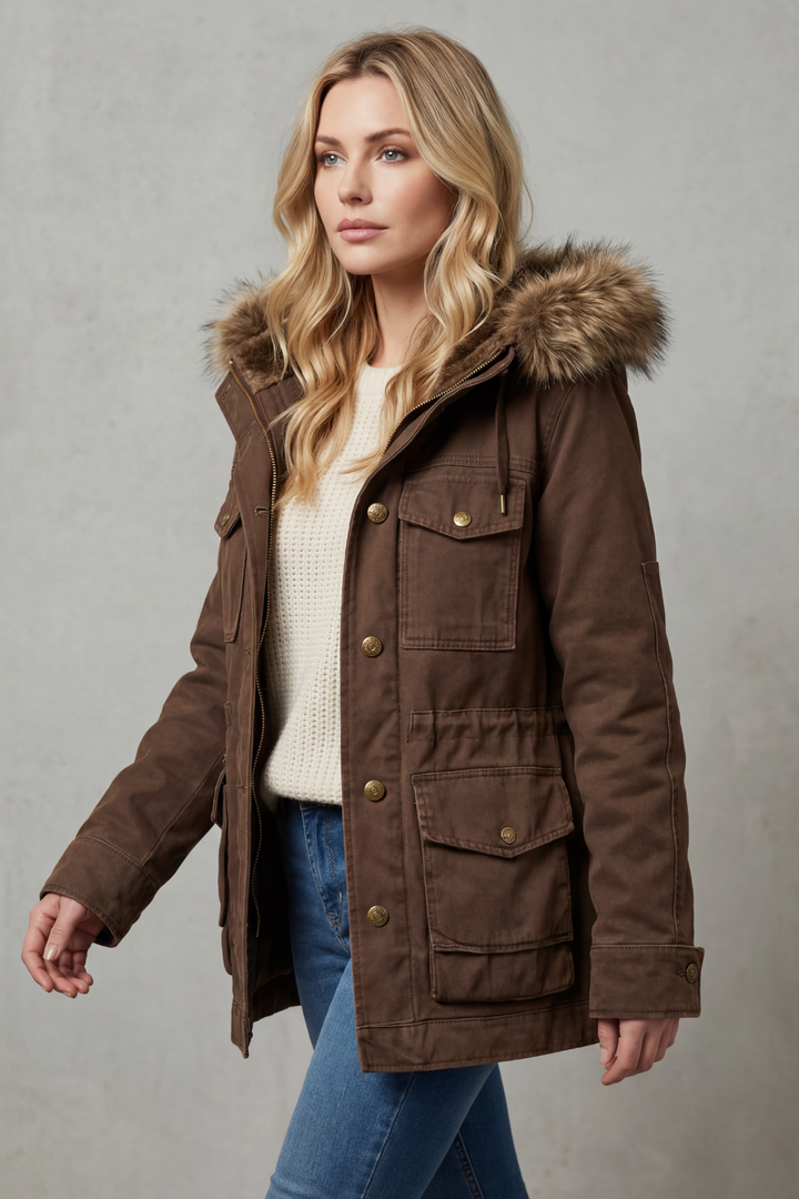 Casual yet elegant women's parka coat with a flattering fit & faux fur hood, ideal for everyday winter wear.