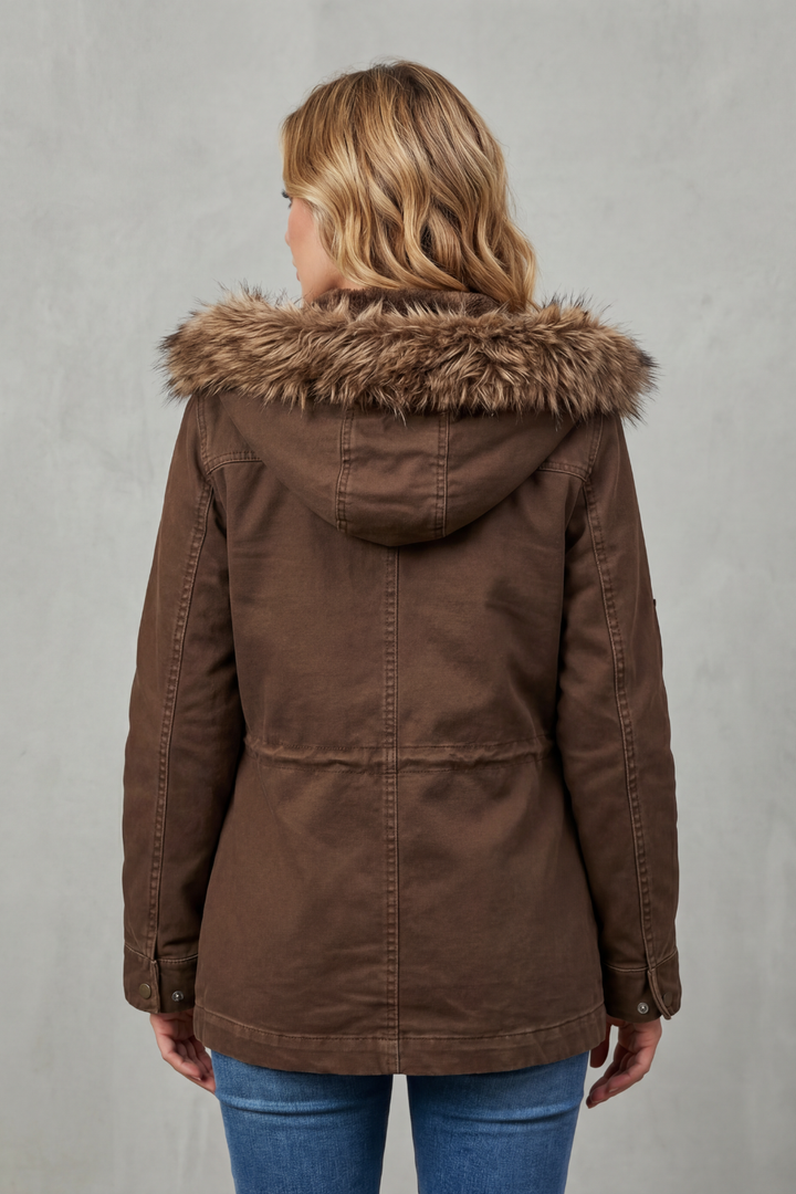 Warm women's outerwear: a stylish hooded parka coat with soft faux fur trim, designed for ultimate comfort.
