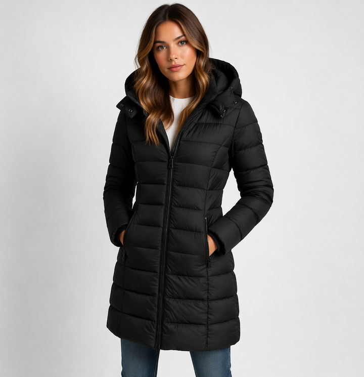 Women's hooded puffer jacket, warm & stylish. Ideal for winter & cold weather.