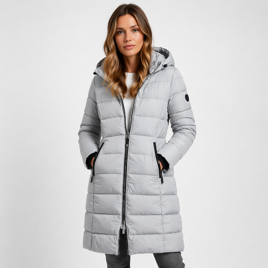 Stylish women's fitted hooded puffer jacket, perfect casual outerwear for winter warmth.
