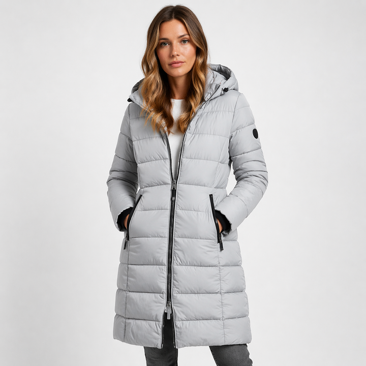 Stylish women's fitted hooded puffer jacket, perfect casual outerwear for winter warmth.