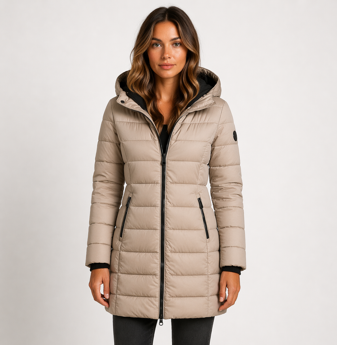 Cozy women's hooded puffer jacket, essential warm outerwear for cold weather & winter activities.