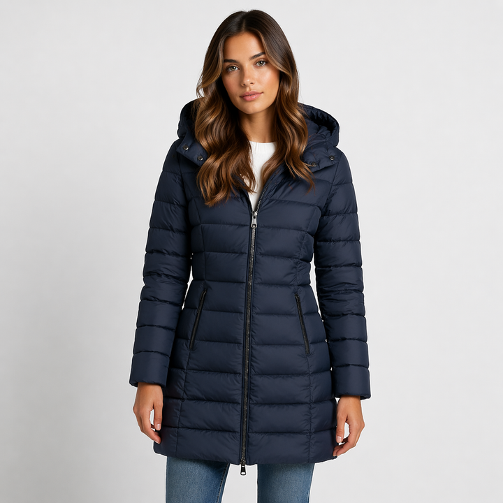 Stylish women's hooded puffer jacket. Warm & cozy winter outerwear for chilly days.